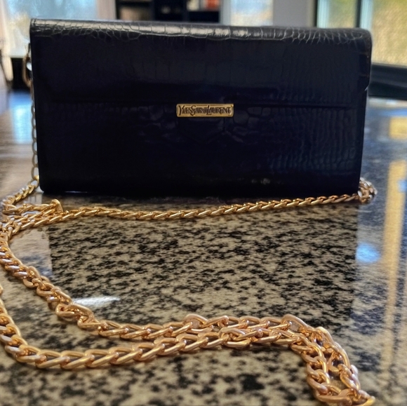 Vintage Yves Saint Laurent Croc Embossed Convertible Wallet Clutch w/ Gold Chain - Picture 2 of 14
